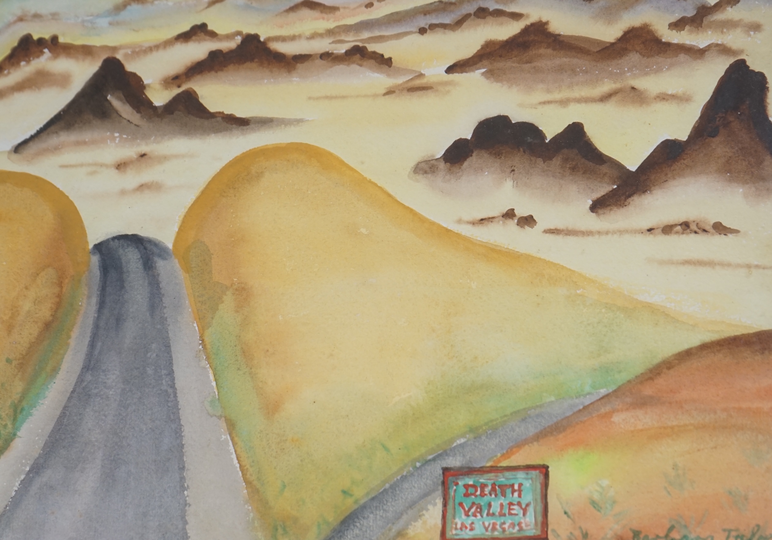 Barbara Tribe (1913-2000), two watercolours, ‘Old Calico Ghost town’ and ‘Death Valley, Mojave Desert, Nevada’, each signed, inscribed labels verso, 27 x 37cm. Condition - fair, would benefit from a clean